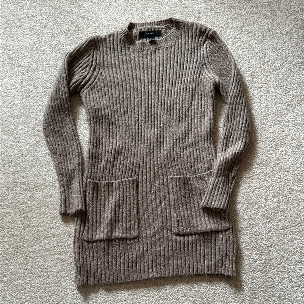 Forever 21 Brown Ribbed Knit Crew Neck Sweater